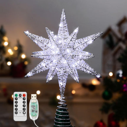 Lewondr Christmas Star Tree Topper, USB Powered Remote Controlled 11 Inch Multilayer Hexagonal Tree Toppers Christmas Decor with 8 Light Modes for Home Holiday Xmas, Timer Function, Silver