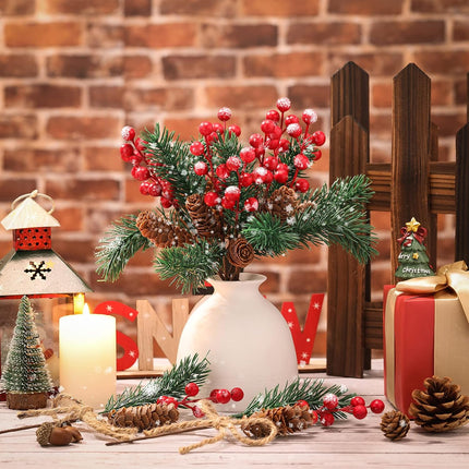 MTLEE 12 Pieces 9.8 Inch Artificial Christmas Tree Picks Berry Pine Branches Christmas Floral Picks Pine Cone and Leaves Stems for Christmas Tree Wreath Garland Decor