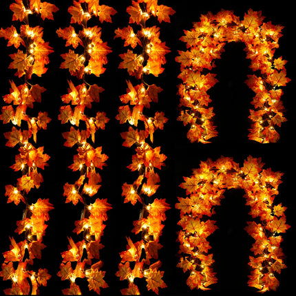 5 Pack Thanksgiving Decor Enlarged Maple Leafed Fall Garland with Lights, 50 Ft/100 LED Thanksgiving Garland Thanksgiving Lights Waterproof Battery Operated Fall Autumn Harvest Outdoor Indoor Home