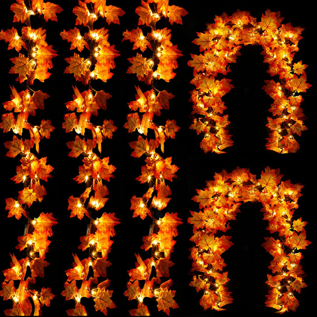 5 Pack Thanksgiving Decor Enlarged Maple Leafed Fall Garland with Lights, 50 Ft/100 LED Thanksgiving Garland Thanksgiving Lights Waterproof Battery Operated Fall Autumn Harvest Outdoor Indoor Home