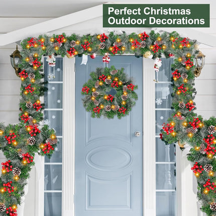 6 Ft by 10 Inch Pre-lit Artificial Christmas Garland 30 Warm Lights Timer 8 Modes Battery Powered 170 Branch Snowy Bristle Pine 132 Red Berries 12 Pinecone Xmas Decoration Indoor Home Mantle Fireplace