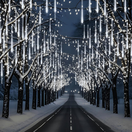 Christmas Lights Outdoor, Meteor Shower Lights 8 Tubes 192LED UL Snow Falling Rain Cascading Icicle Lights for Xmas Tree Christmas Decorations Outdoor Wedding Party Window, White