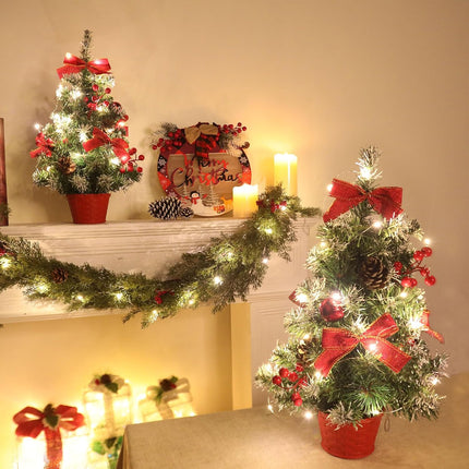 2 Pack GRANDEAL 20 Inch Lighted Tabletop Mini Christmas Tree with Timer 20 LEDs Artificial Small Christmas Tree with Lights, Bow Ball Ornaments Christmas Decorations Xmas Tree Room Office Home Decor