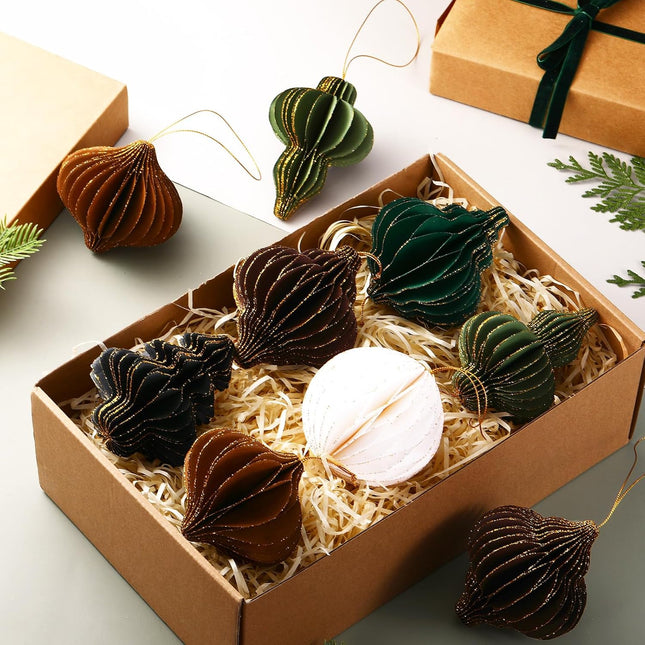 Janinka 24 Pcs Christmas Paper Honeycomb Ornaments 3D Mini Glitter Edge Honeycombs Lantern Reusable Vintage Christmas Hanging Neutral Ornaments for Christmas Tree Year Home Decor (Cute)