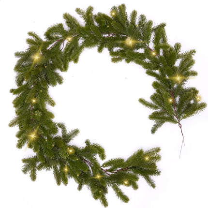 6FT Christmas Garland PARTY JOY Pine Garland with 9.8FT LED Lights String, Greenery Plant for Christmas Decorations Table Mantle Background Wall Room Outdoor Indoor Winter Decoration