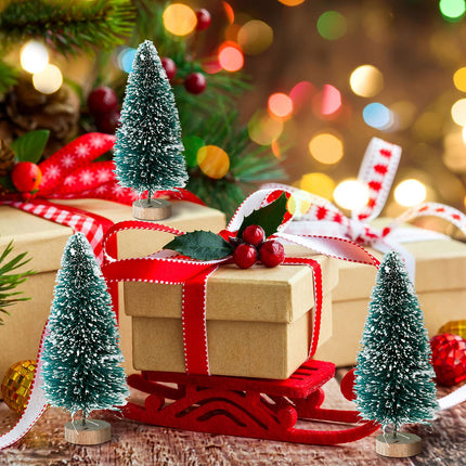 Mini Bottle Brush Pine Trees with Wood Base - Winter Snow Frost Decor and Ornaments, 72 Pieces