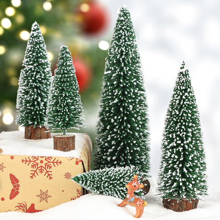 AerWo 5Pcs Mini Christmas Trees Flocked Bottle Brush Christmas Trees with Wooden Bases, Small Christmas Trees for Tabletop Christmas Decor Winter Holiday Table Decorations Christmas Village Crafts