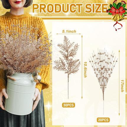 50 Pcs Christmas Glitter Berries Stems Champagne Gold Xmas Artificial Pine Needles 17 Inches Christmas Artificial Picks Fake Branches Twigs Bead Stick for Tree DIY Craft Wreath Vase Fireplace