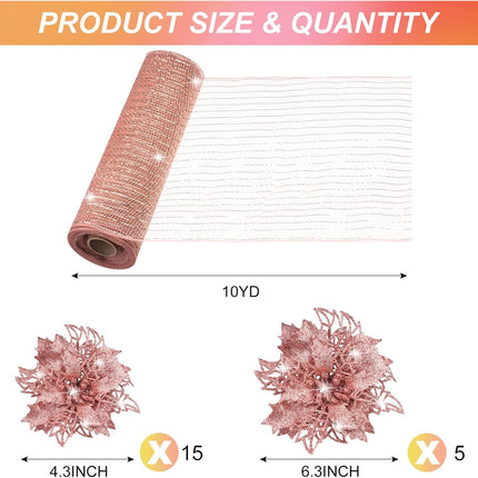 Yeshone 20 Pcs Christmas Glitter Poinsettia Faux Flowers with 30 ft Christmas Mesh Ribbon Rolls Christmas Tree Ornament Christmas Flowers Xmas Tree Wreaths Decor for Christmas Wedding(Rose Gold)
