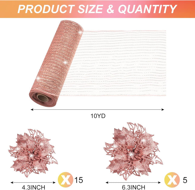 Yeshone 20 Pcs Christmas Glitter Poinsettia Faux Flowers with 30 ft Christmas Mesh Ribbon Rolls Christmas Tree Ornament Christmas Flowers Xmas Tree Wreaths Decor for Christmas Wedding(Rose Gold)
