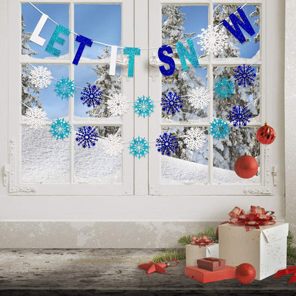 3 Pieces Let It Snow Banner, Glitter Winter Snowflake Garland Banner, White Blue Snowflake Hanging Ornaments for Christmas Holiday Party Decorations Year Festive Frozen Party Supplies