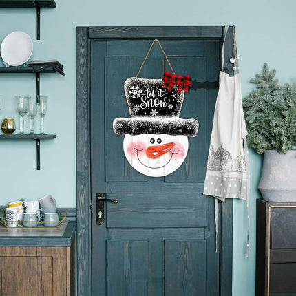 Whaline Christmas Snowman Wooden Hanging Sign Let It Snow Door Hanger Sign Xmas Winter Holiday Welcome Wreath Sign with Buffalo Plaid Bow for Indoor Outdoor Home Farmhouse Wall Window Decor