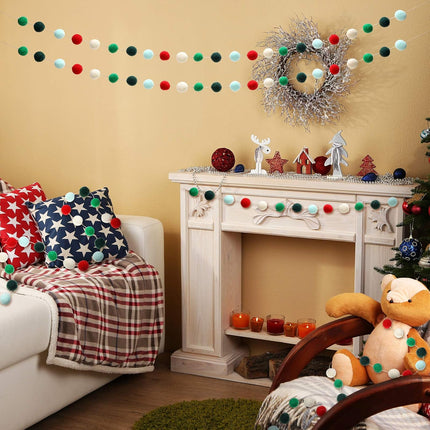 3 Pieces Christmas Felt Balls Garland Wool Pom Pom Garland Ball Banner for Christmas Party Holiday Decoration (Red, White, Green, Lake Green, Dark Green)