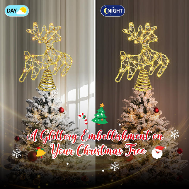 Lighted Reindeer Christmas Tree Topper, 10" 40 LED 2D Deer Christmas Tree Topper with Warm Lights, 8 Lighting Mode with Timer for Christmas, Holiday, Winter Home Decor, USB Plug in/Wire 9.84Ft