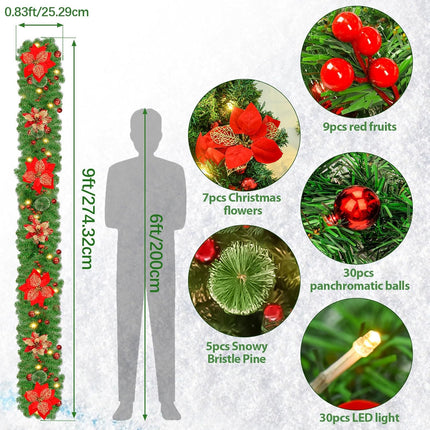 9FT Prelit Artificial Christmas Garland with Lights: Greenery Garland Decoration with 30 Warm LED Lights - Xmas Garland for Office Fireplace Mantle - Christmas's Day Indoor Outdoor Holiday Decor