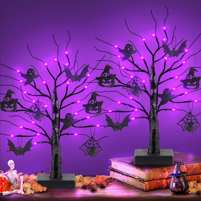 2 Pack 24 Inch Black Halloween Tree with 24 LED Purple Lights, Timer/USB/Battery Operated Halloween Table Decorations Lighted Tree, Cute Halloween Decorations Indoor Halloween Home Decor Party Room