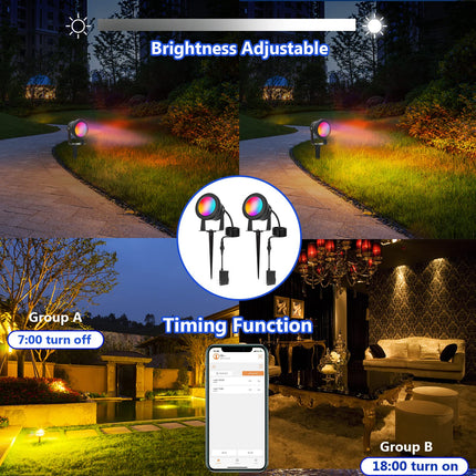 Spot Lights Outdoor, RGB Landscape Lighting 4XPack 15W IP67 Waterproof Spotlight Outdoor with Smart APP Control for Pathway Lights,LED Indoor Light(DC/AC 12V)