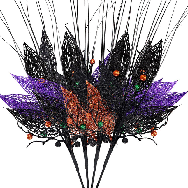Halloween Flower Branches 16" Glitter Leaves Picks Artificial Berries Stems Fall Sprays Fake Twigs for Halloween Haunted House Gothic Tree Topper Vase Fillers Home Party Decor, Pack of 4 (Berries)