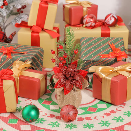 U'Artlines 2Pcs Artificial Christmas Tabletop Decorations, 12.6 Inch Mini Artificial Christmas Tree with Poinsettia Flower Red Berry Pine Branch for Home Table Xmas Party Decoration
