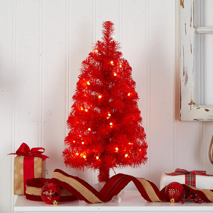 Nearly Natural 2ft. Red Artificial Christmas Tree with 35 LED Lights and 72 Bendable Branches