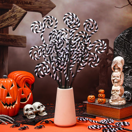 6 Pcs Christmas Tree Picks Sandworm Decor 16'' Black/White Christmas Ornament Xmas Tree Topper Lollipop Stick Candy Cane Christmas Plush Tree Decor Xmas Curly Branches for Vase Wreath Home DIY Craft