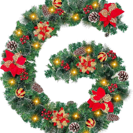 6 Ft by 10 Inch Prelit Christmas Garland with 30 Lights Timer 8 Modes 6 Poinsettia 4 Ball Ornaments 170 Branch Snowy Bristle 88 Red Berries 8 Pinecones Battery Operated Cedar Garland Home Indoor Decor