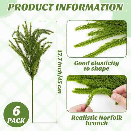 6 Pieces Christmas Norfolk Pine Branch 18 Inch Norfolk Pine Stems Artificial Norfolk Christmas Greenery Plants DIY Crafts Faux Pine Branches for Xmas Home Decor Garland Wreath Craft