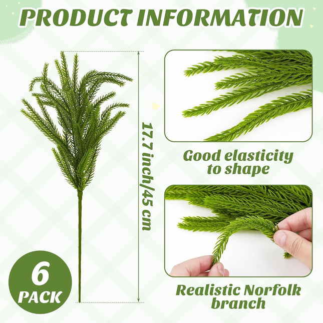 6 Pieces Christmas Norfolk Pine Branch 18 Inch Norfolk Pine Stems Artificial Norfolk Christmas Greenery Plants DIY Crafts Faux Pine Branches for Xmas Home Decor Garland Wreath Craft