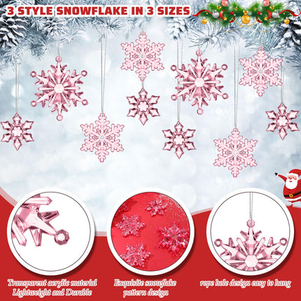 45 Pieces Acrylic Snowflake Ornaments 3 Styles Crystal Clear Plastic Xmas Tree Pendant for Christmas Winter Snow Theme DIY Decorations (Pink)