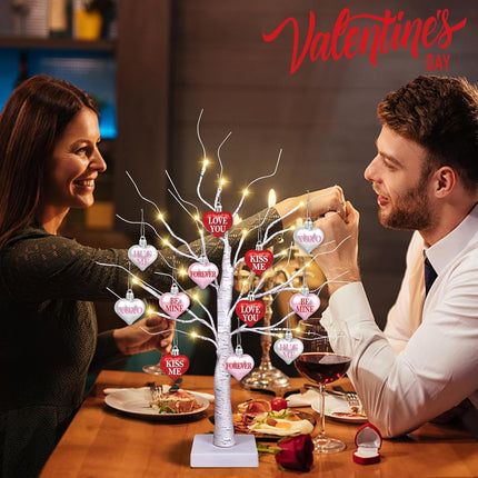 [Timer] Valentines Day Decor 24" Lighted Birch Tree with 24pcs Heart Shamrock Ornaments for Valentine's Day, St. Patrick's Day, USB/Battery Operated Valentines Tree Decorations for Home Table Bedroom