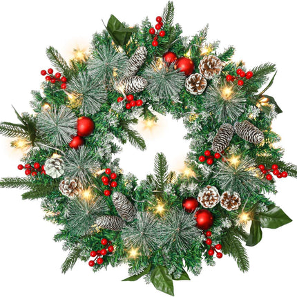 24in Christmas Wreath with Lights, Pine Cone Wreath Lighted Christmas Wreaths Winter Wreath with Pine Cones, Berries Ball Ornaments and Pine Branch for Door Window Mantle Christmas Decoration Wreaths