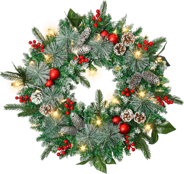24in Christmas Wreath with Lights, Pine Cone Wreath Lighted Christmas Wreaths Winter Wreath with Pine Cones, Berries Ball Ornaments and Pine Branch for Door Window Mantle Christmas Decoration Wreaths