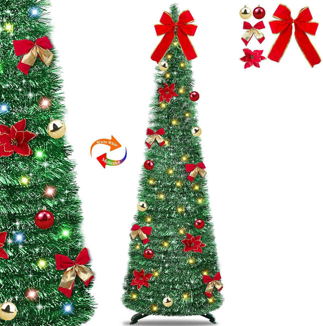 [ Timer ] 5 Ft Pop Up Christmas Tinsel Tree, Green Collapsible Christmas Tree with 50 LED Color Light 18 DIY Ball Ornaments Bowknot Boxes Battery Operated Pencil Xmas Tree Decor Indoor Home