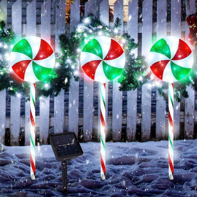 RJZZ 29" Lollipop Lights Christmas Outdoor 3 Pack Candy Cane Lights Outdoor Pathway 8 Modes Solar Peppermint Lights 10FT Christmas Pathway Lights Outdoor for Christmas Yard Garden Walkway Driveway