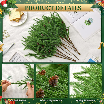 12 Pcs Christmas Norfolk Pine Branches, Artificial Christmas Pine Branches Norfolk Pine Stems, DIY Crafts Faux Christmas Greenery Stems, Real Touch, for Xmas Indoor Outdoor Home Decor.