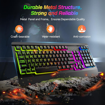 Large Print Rainbow Backlit Gaming Keyboard, Wired USB Light Up Computer Keyboard with Big Letters Keys,12 Multimedia Keys, Wrist Rest, All-Metal Panel,Full Size Keyboard, for PC,Laptop