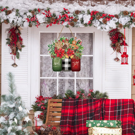 Whaline Christmas Wooden Hanging Sign Xmas Floral Welcome Door Sign Christmas Noel Joy Mason Jar Wood Door Hanger for Christmas Year Farmhouse Home Office Window Decoration