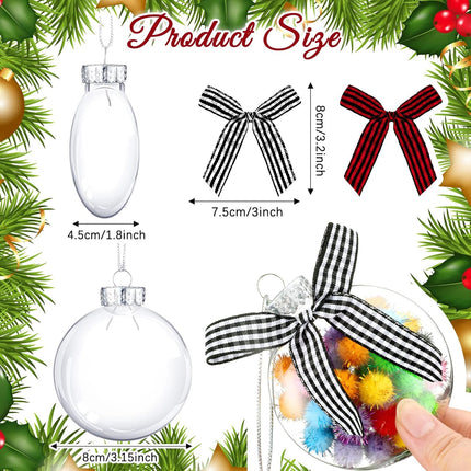 Christmas Ornaments Plastic Discs Ornaments Clear fillable Ornaments Balls with Silver Cap and Black White Red Buffalo Plaid Bows for Craft DIY Christmas Tree Wreath Decoration (32 Pcs, 3.15 Inch)