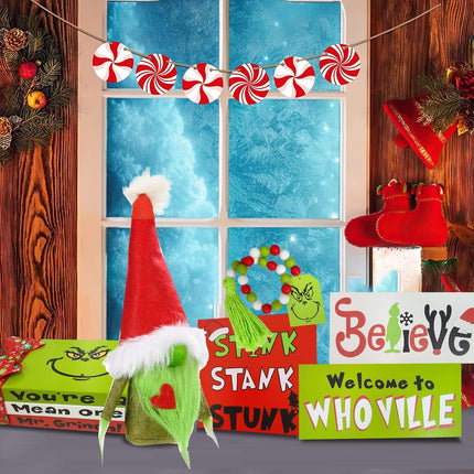 Christmas Tiered Tray Decor Christmas Decorations - Cute Green Gnome Plush Faux Book Stack Wooden Signs Bead Garland - Farmhouse Rustic Xmas Decor for Home Table Party Supplies