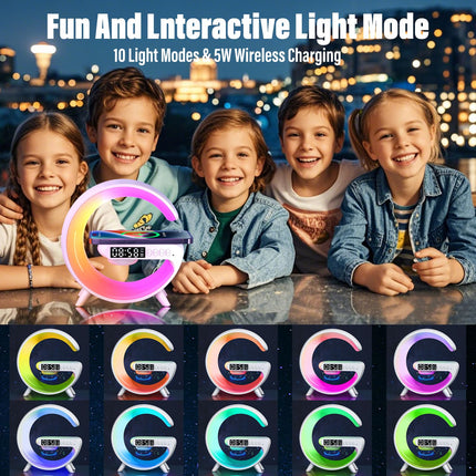 Longzhuo LED Table Lamp with Wireless Charger Atmosphere Lamp Bluetooth Speaker Alarm Clock Night Light for Bedside Dorm Office, Kids Adults Desk Table Lamp Christmas Home Decor (White)