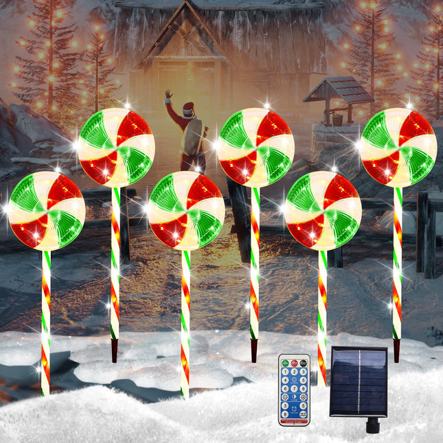 QINER Christmas Lollipop Pathway Light, 6 Pcs 28 Inch Solar Lollipop Lights, 1200 mAH Pathway Markers Lights with 8 Lighting Modes for Walkway, Yards, Pathways, Patios, Lawns Candy Cane Lights