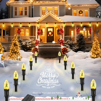 C9 Christmas Pathway Lights Outdoor, 25Ft 20 LED Christmas String Lights with Stakes, 4 Light Modes, Waterproof Connectable Christmas Decorations for Outside Lawn Yard Sidewalk Driveway, Warm White