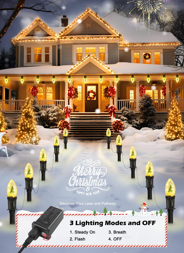 C9 Christmas Pathway Lights Outdoor, 25Ft 20 LED Christmas String Lights with Stakes, 4 Light Modes, Waterproof Connectable Christmas Decorations for Outside Lawn Yard Sidewalk Driveway, Warm White