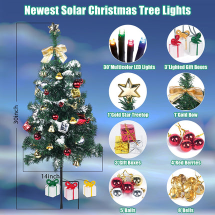 Aukora Solar Christmas Tree Lights Outside Decorations 31 in,8 Modes Christmas Lights Outdoor Waterproof with 23 Xmas Accessories & 3 Box Lights for Garden Pathway Cemetery Decor,2Pack