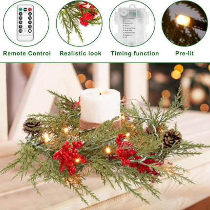 Christmas Garland with Lights, 6 FT Battery Operated Artificial Greenery Garland with Timer, 20 LEDs, Pine Cones and Red Berries for Mantle, Front Door, Stairs Railing Decoration (1 Pack)