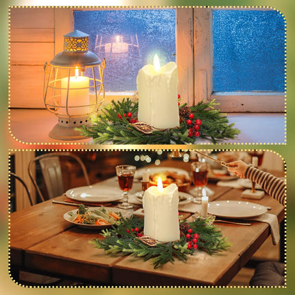 4 Pcs Christmas Candle Rings Mini Christmas Wreaths 9.5 inch Artificial Norfolk Pine Rings with Pine Cones Dried Orange Pieces Wreaths Red Berry Pillar Garland for Christmas Table Centerpieces