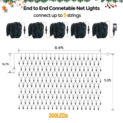 WBao Christmas Net Lights 200LED F8 Big Bulbs, 8.4ft x 5.2ft Christmas Bushes Lights with 8 Modes, Timer, End to End Connectable, Waterproof for Lawn, Bushes Outdoor Christmas Decorations, Warm White
