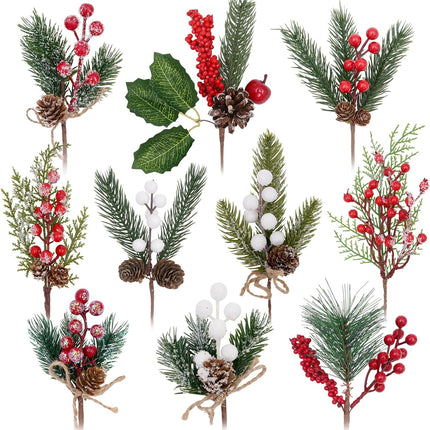 Artificial Christmas Picks for Floral Arrangement, 10 Pack Wreath & Holiday Decor - Red Berry, Pinecone, Frosted Cedar & Holly Leaves Winter Greenery