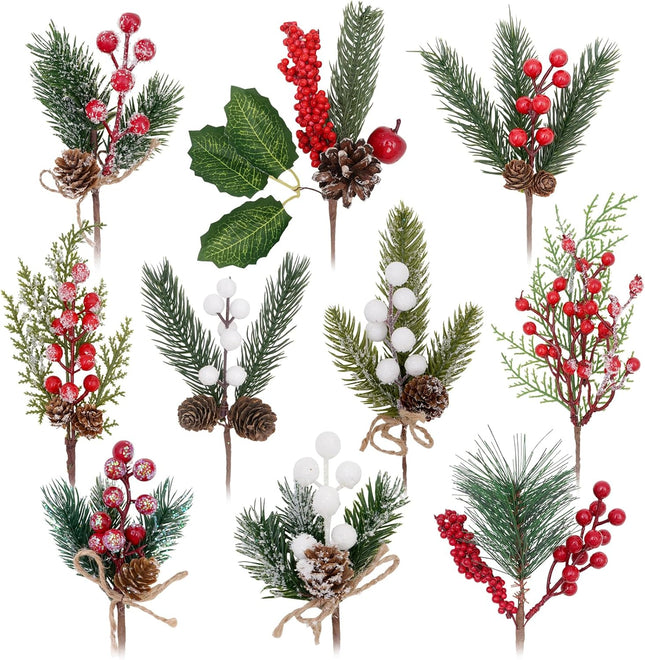 Artificial Christmas Picks for Floral Arrangement, 10 Pack Wreath & Holiday Decor - Red Berry, Pinecone, Frosted Cedar & Holly Leaves Winter Greenery