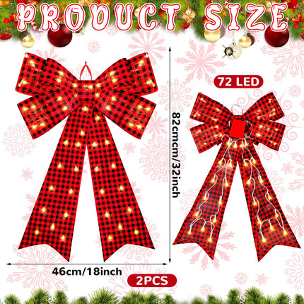 Liliful 2 Pcs 18 x 32 in LED Christmas Wreath Bows Extra Large Bows 72 LED Lights Wreath Huge Bow Door Wall Xmas Tree Top Decor for Indoor Outdoor Winter Xmas Party(Red Black Buffalo Plaid)